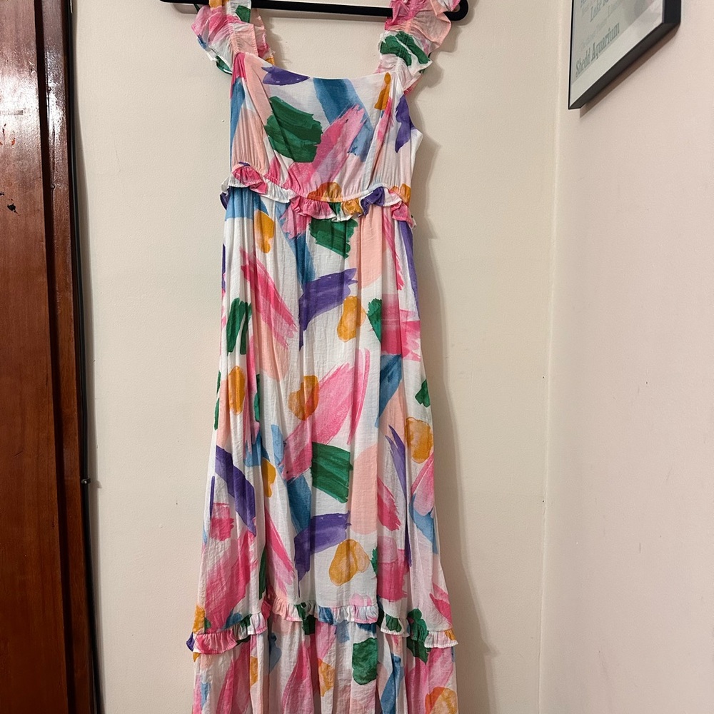 Blu Pepper Multicolor Brushstroke Maxi Dress - Pink, Green & Blue